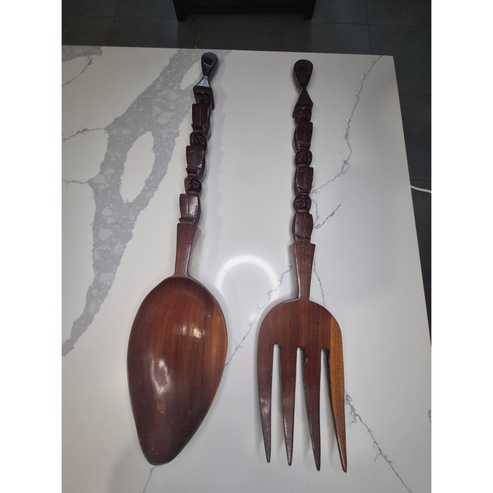 Vintage African Hand Carved Wooden Spoon and Fork Set Tribal Figures Wall Decor